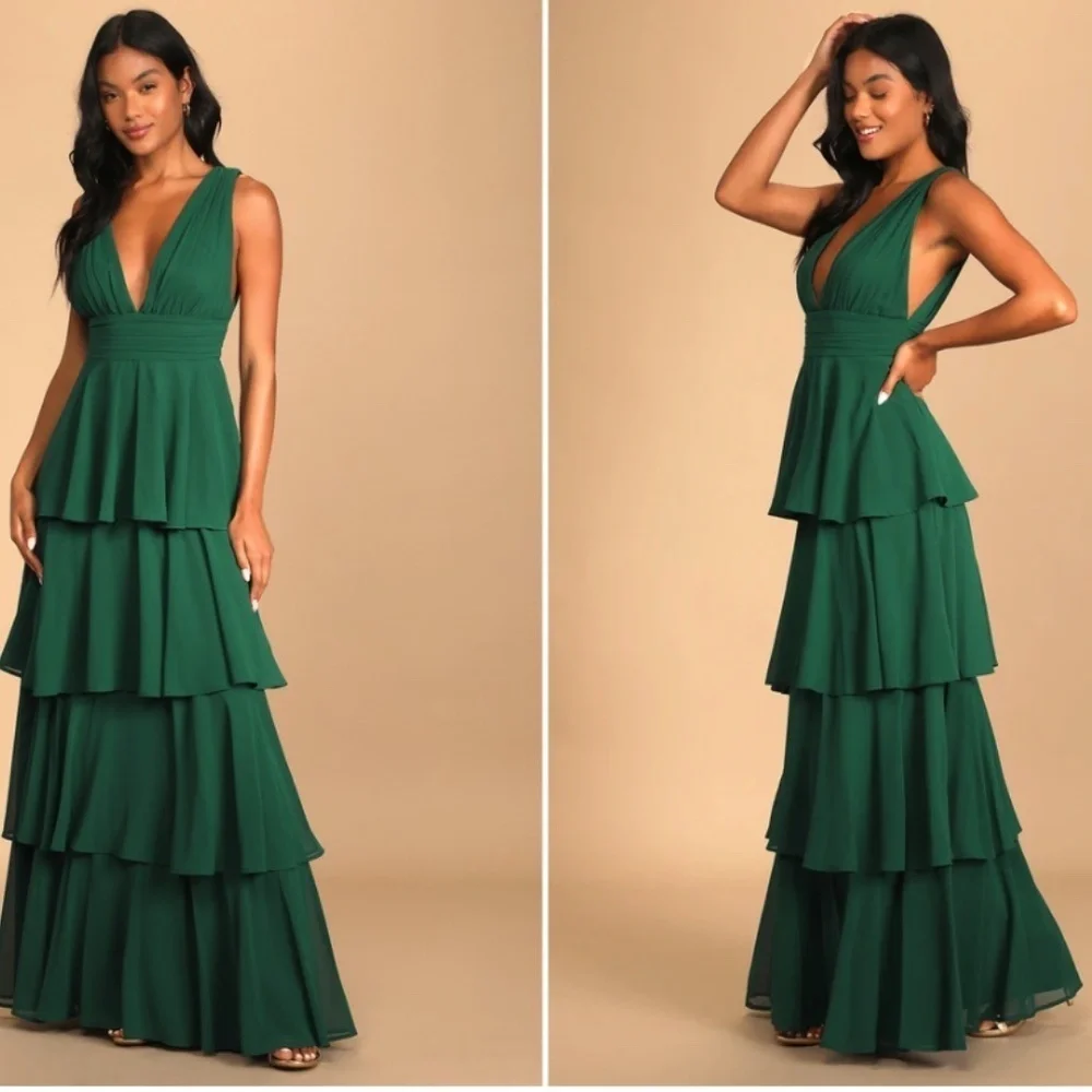 LULUS Sexy Prom Wedding Bridesmaid Tiered Ruffles Boho Flowy Maxi Dress